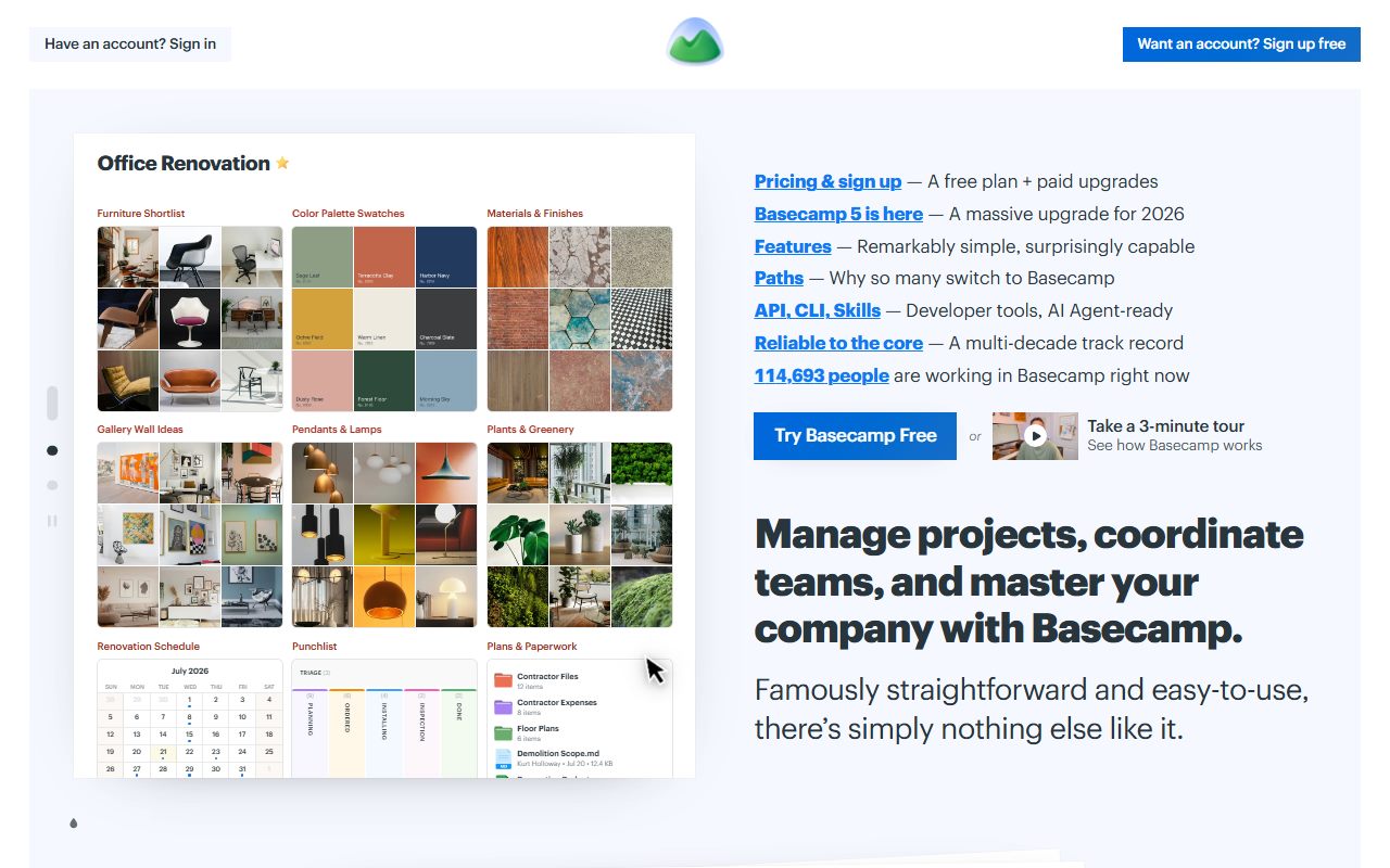 Basecamp's public homepage, captured automatically on October 7, 2026. Not a logged-in account; the page may have changed since.