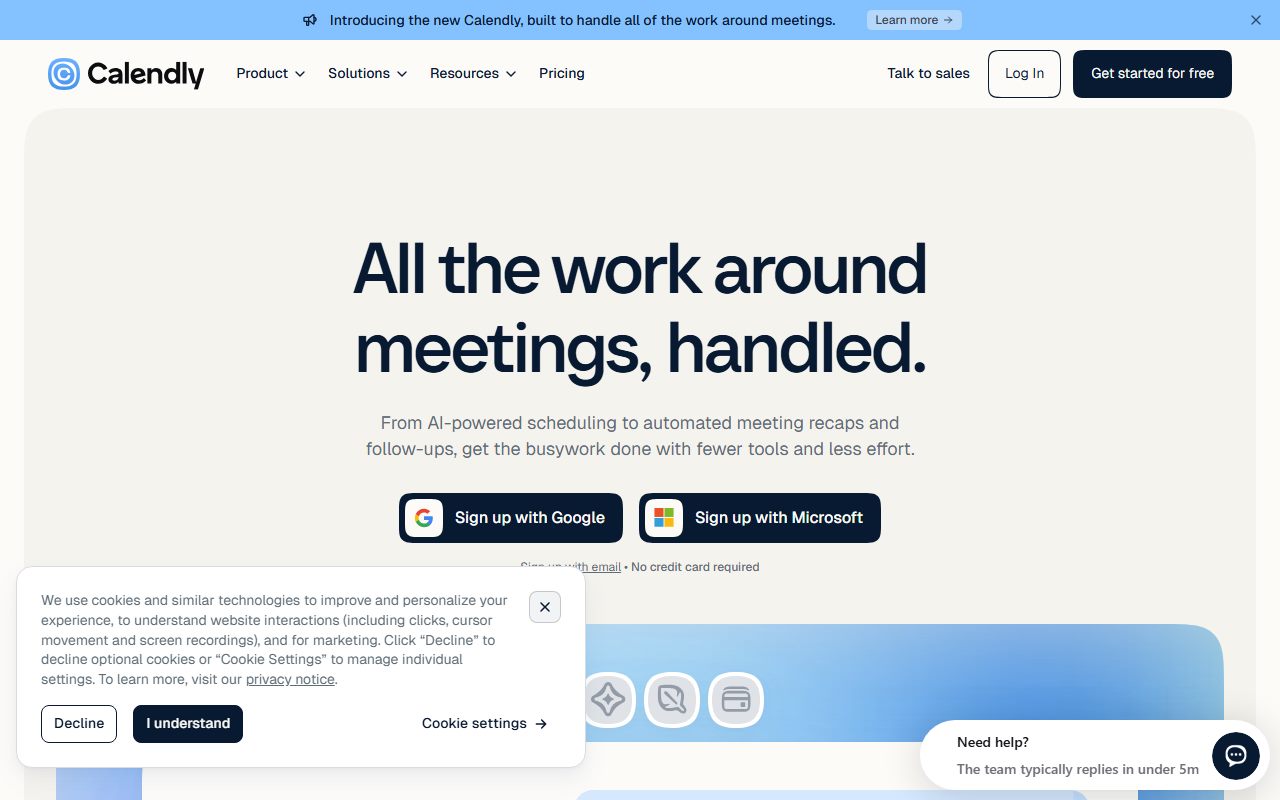 Calendly's public homepage, captured automatically on October 7, 2026. Not a logged-in account; the page may have changed since.
