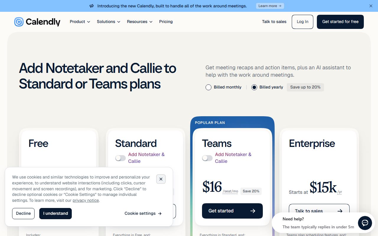 Calendly's pricing page as captured on October 7, 2026. Prices and tier contents change; the live page is the source of truth.