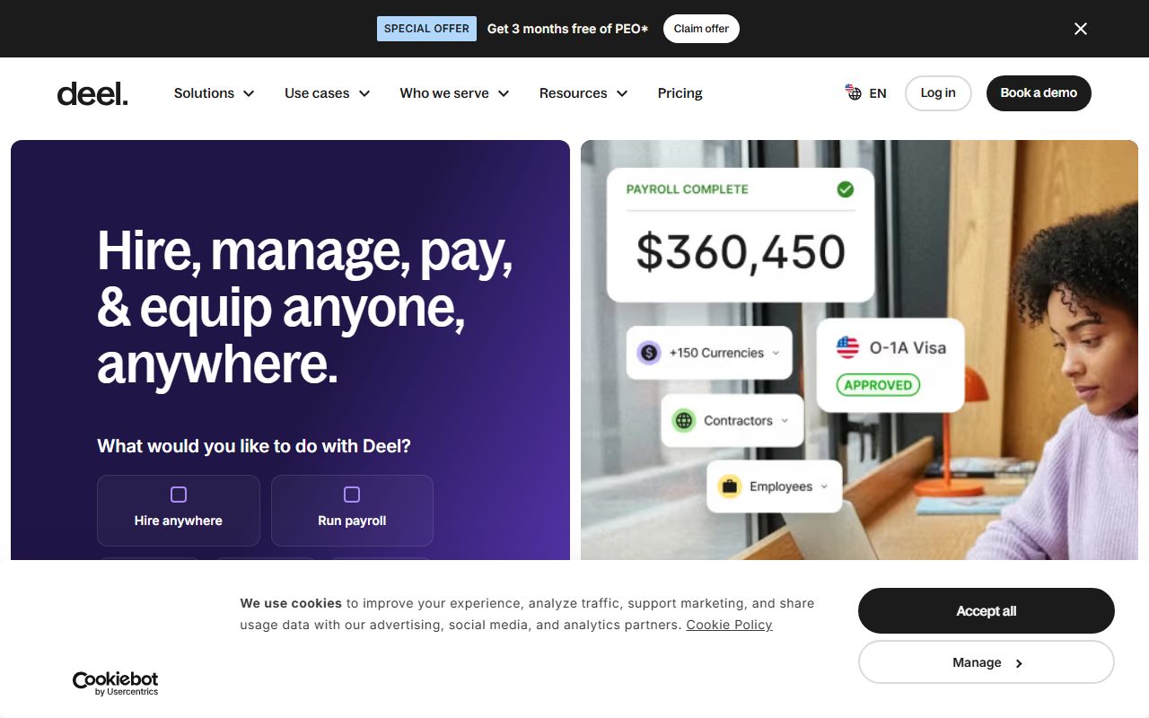 Deel's public homepage, captured automatically on October 7, 2026. Not a logged-in account; the page may have changed since.