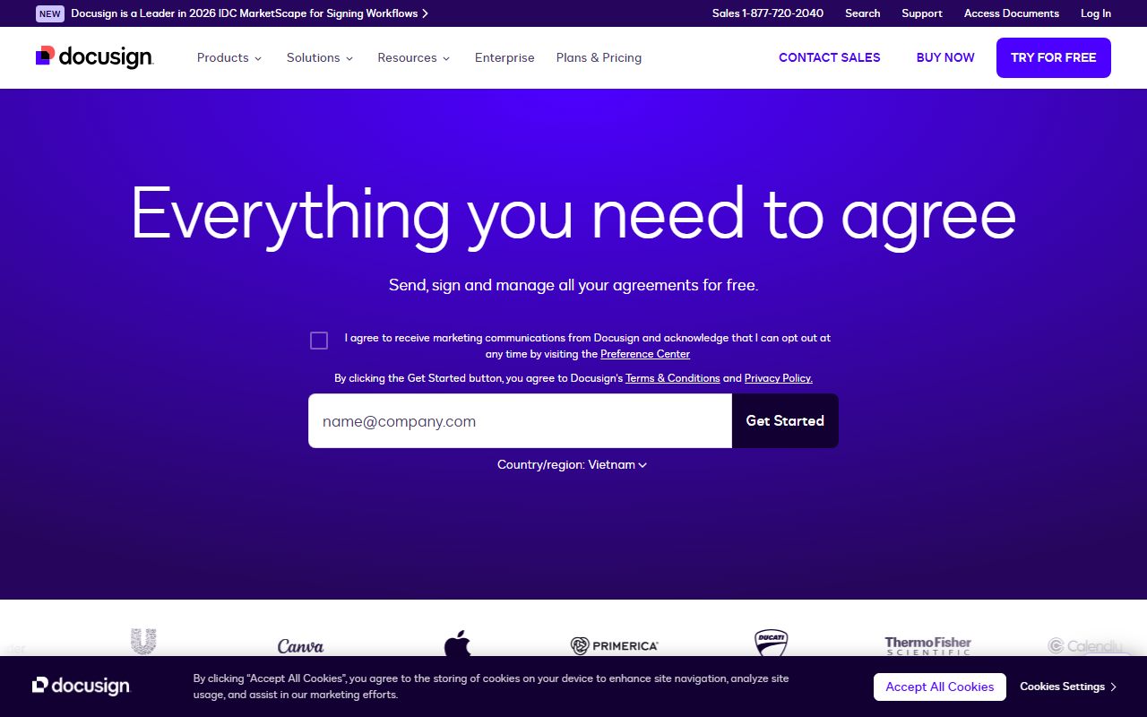 Docusign eSignature's public homepage, captured automatically on October 7, 2026. Not a logged-in account; the page may have changed since.