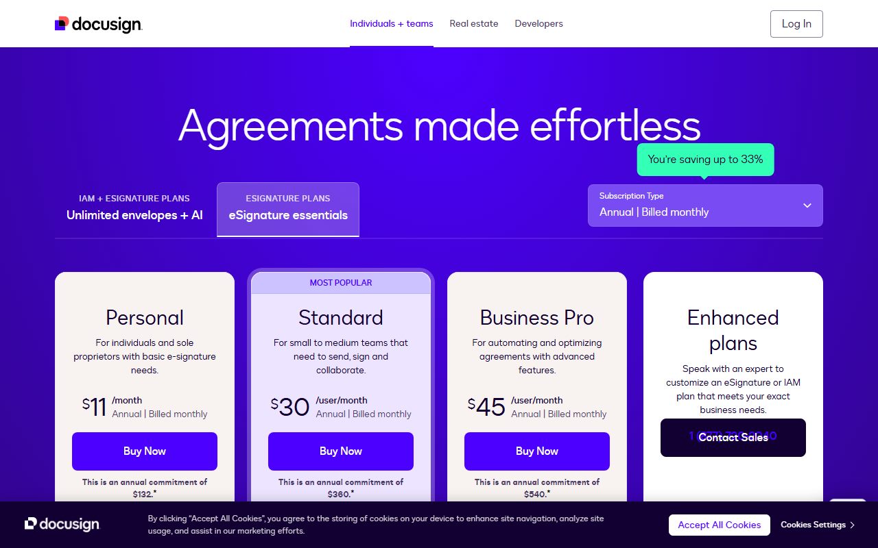 Docusign eSignature's pricing page as captured on October 7, 2026. Prices and tier contents change; the live page is the source of truth.