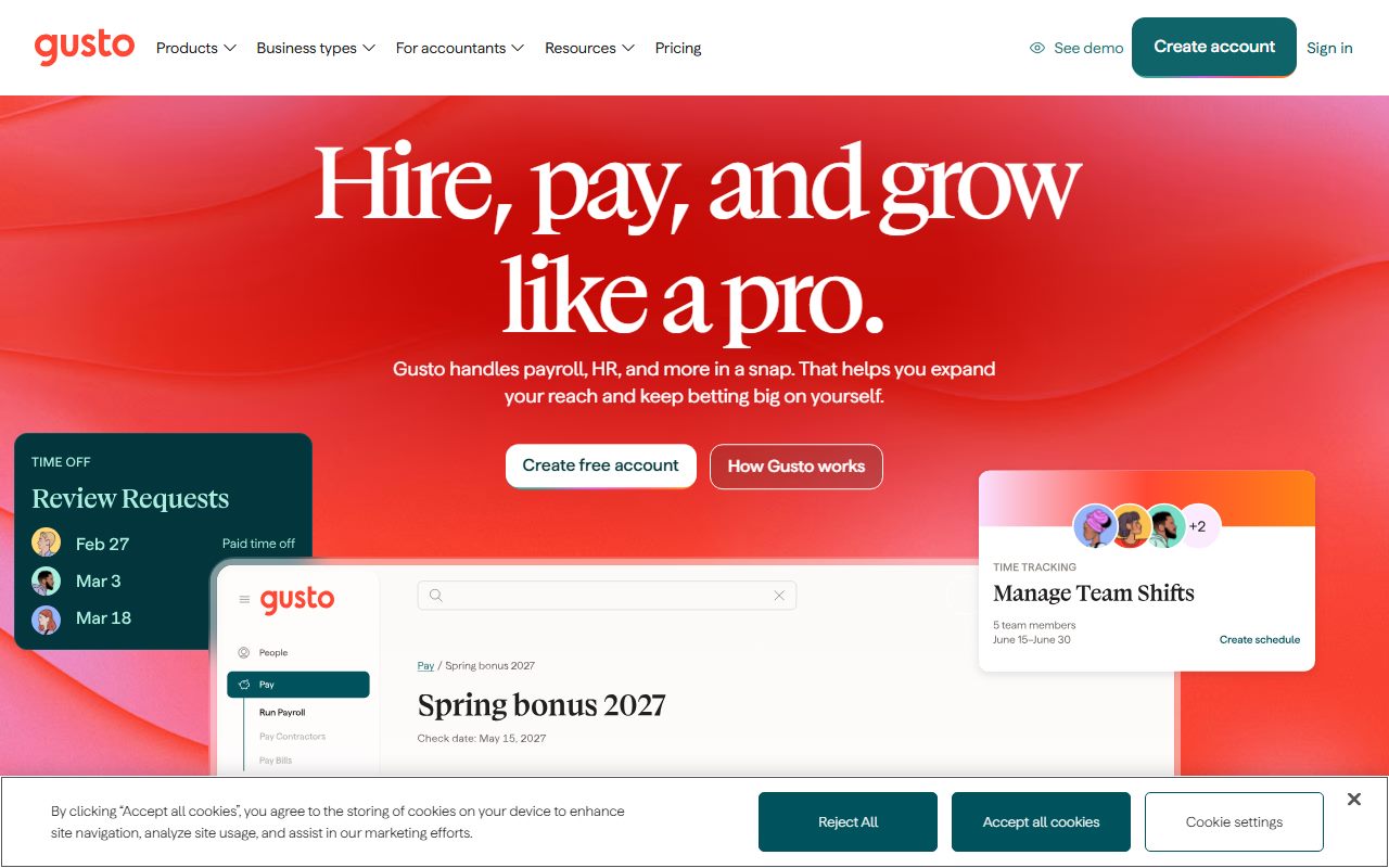 Gusto's public homepage, captured automatically on October 7, 2026. Not a logged-in account; the page may have changed since.
