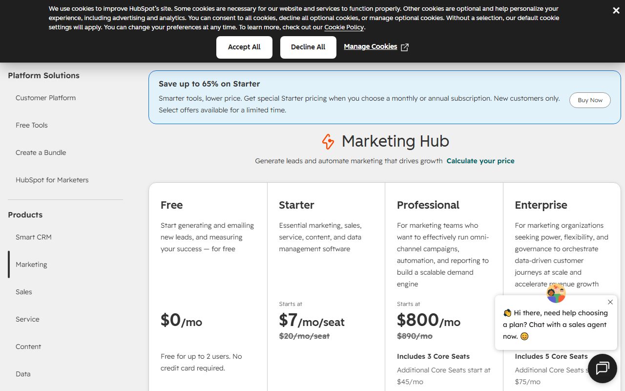 HubSpot CRM / Sales Hub's pricing page as captured on October 7, 2026. Prices and tier contents change; the live page is the source of truth.