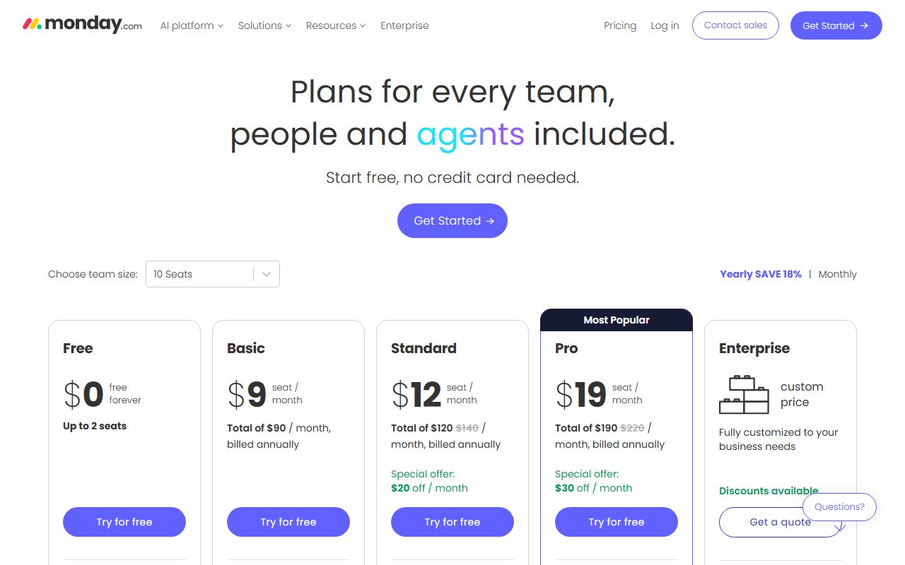 monday.com's pricing page as captured on October 7, 2026. Prices and tier contents change; the live page is the source of truth.