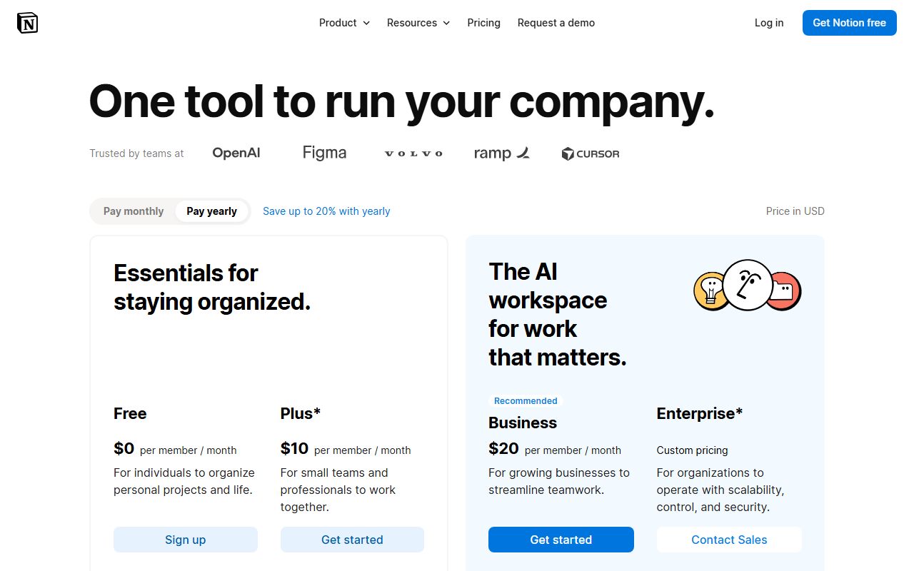 Notion's pricing page as captured on October 7, 2026. Prices and tier contents change; the live page is the source of truth.