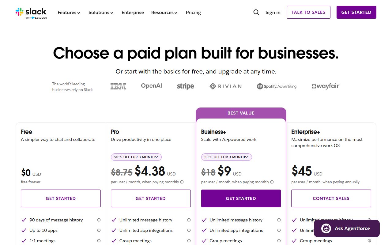 Slack's pricing page as captured on October 7, 2026. Prices and tier contents change; the live page is the source of truth.