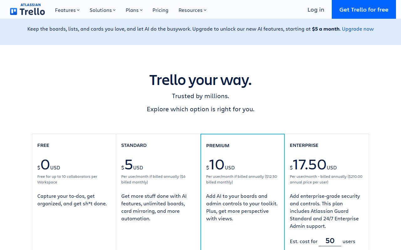 Trello's pricing page as captured on October 7, 2026. Prices and tier contents change; the live page is the source of truth.
