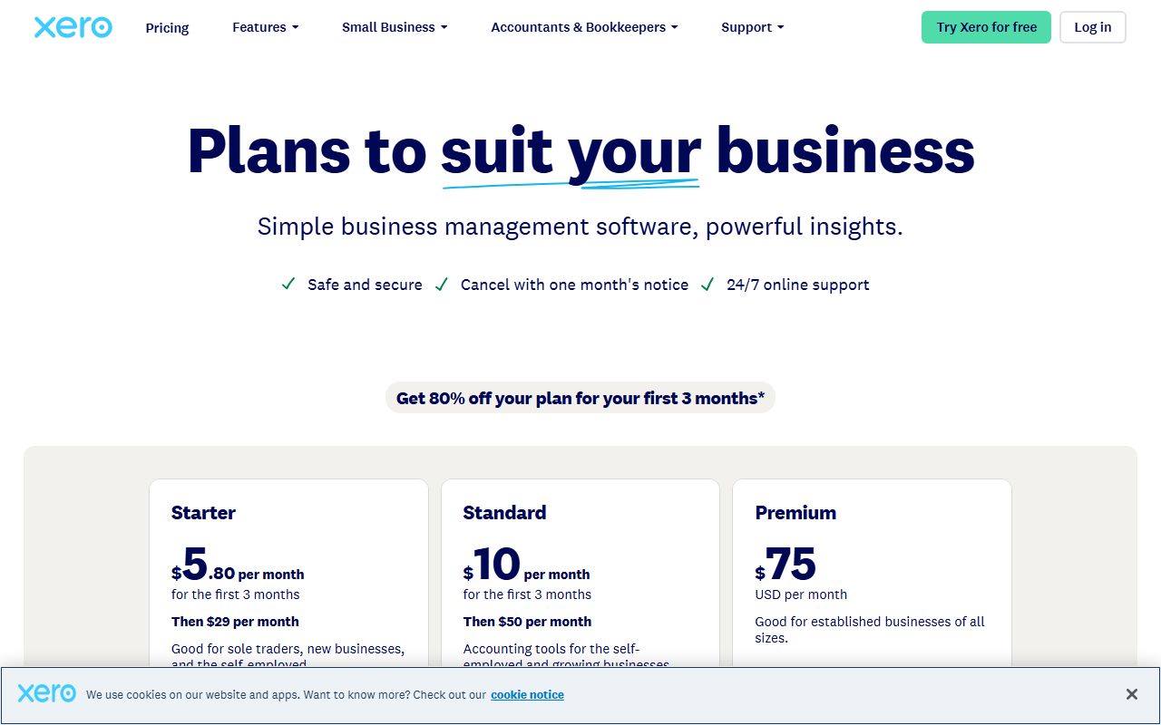 Xero's pricing page as captured on October 7, 2026. Prices and tier contents change; the live page is the source of truth.