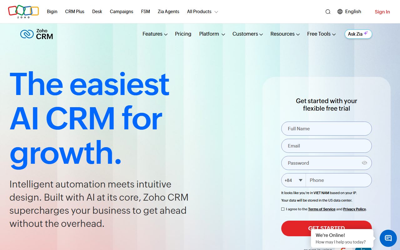 Zoho CRM's public homepage, captured automatically on October 7, 2026. Not a logged-in account; the page may have changed since.