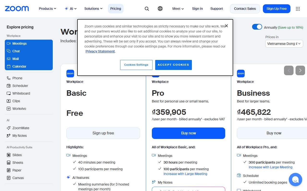 Zoom Workplace's pricing page as captured on October 7, 2026. Prices and tier contents change; the live page is the source of truth.